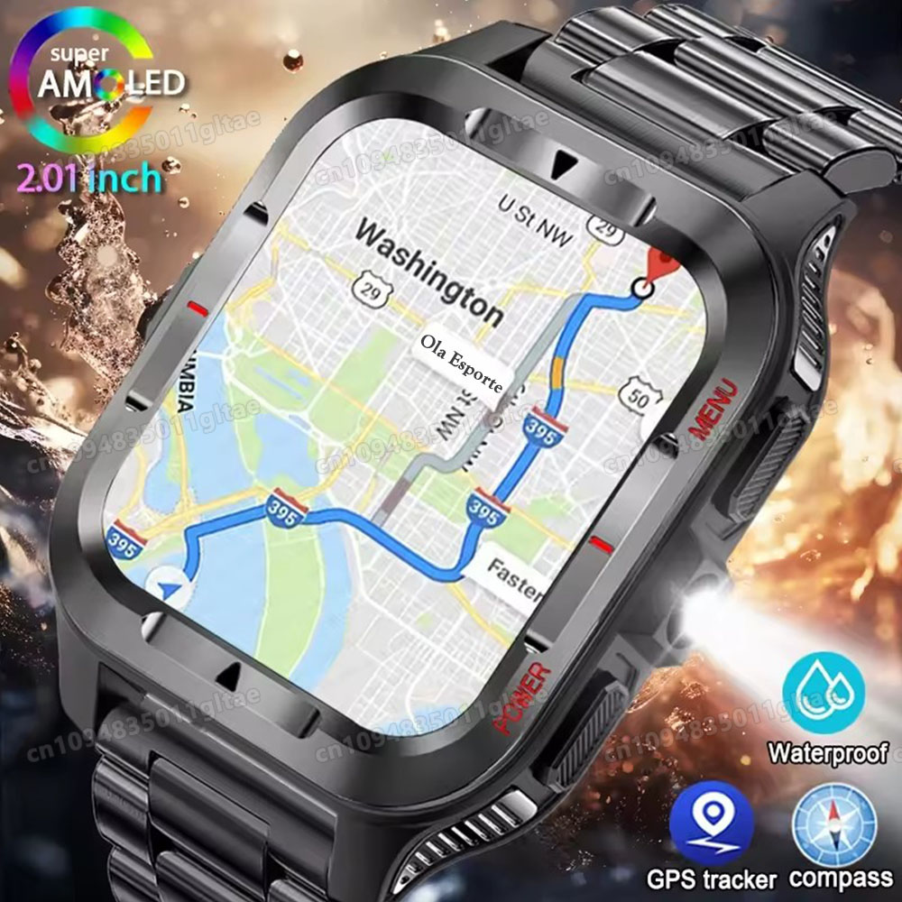 Gps Running Watch - นาฬิกาสมาร์ทวอทช์สำหรับกีฬากลางแจ้งแบบทหารที่ทนทาน ตรวจสอบสุขภาพ ผู้ช่วยเสียง โทรผ่านบลูทูธ ไฟฉาย LED