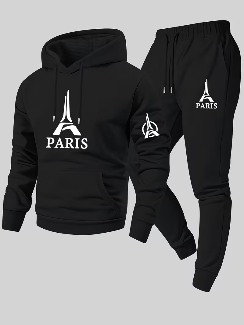 Running Gear Autumn - ชุดลำลองผู้ชายสไตล์เมืองปารีสแบบสองชิ้น เสื้อฮู้ดและกางเกงกีฬา สำหรับฤดูใบไม้ร่วงและฤดูหนาว เหมาะสำหรับวิ่งและสวมใส่ในชีวิตประจำวัน เสื้อผ้าผู้ชายที่สวมใส่สบาย