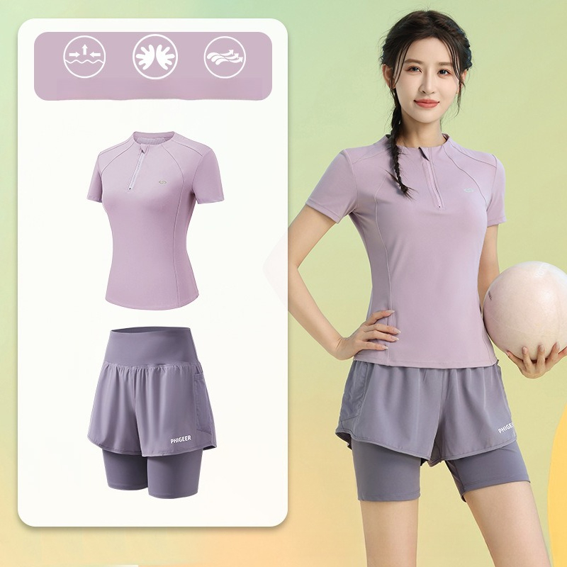 Running Gear Gym - ชุดวิ่งฤดูร้อนสำหรับผู้หญิง 2 ชิ้น เสื้อแขนสั้นแบบซิปครึ่งตัว กระโปรงจีบ แห้งเร็ว