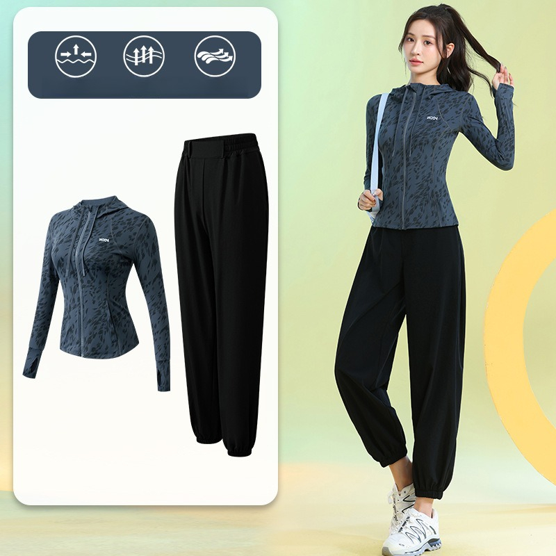 Running Gear Usa - ชุดวิ่งผู้หญิงแขนยาวลายดอกไม้ ซิปฮู้ดดี้ กางเกงจ็อกเกอร์ แห้งเร็ว 2 ชิ้น
